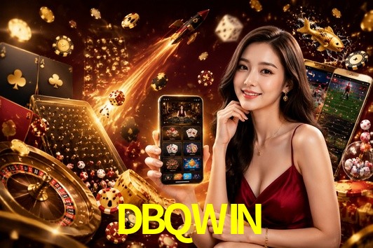 Escena dinámica inspirada en casino con iluminación DBQWIN, cartas, fichas e íconos de juegos digitales en un espacio moderno de juegos.