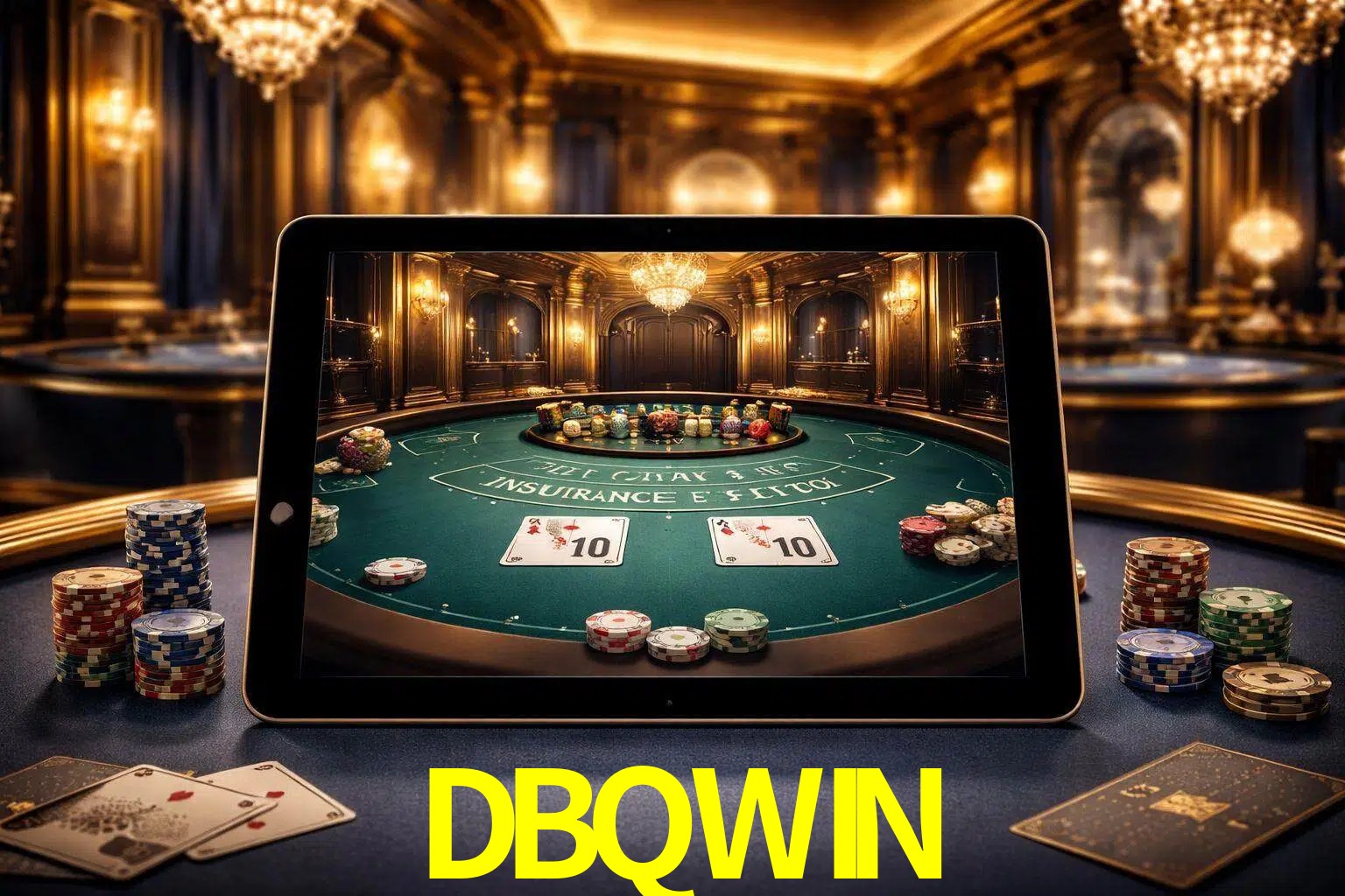 Configuración moderna de casino en vivo con una tableta mostrando una mesa de blackjack, luces cálidas de estudio y una atmósfera elegante de juegos digitales.