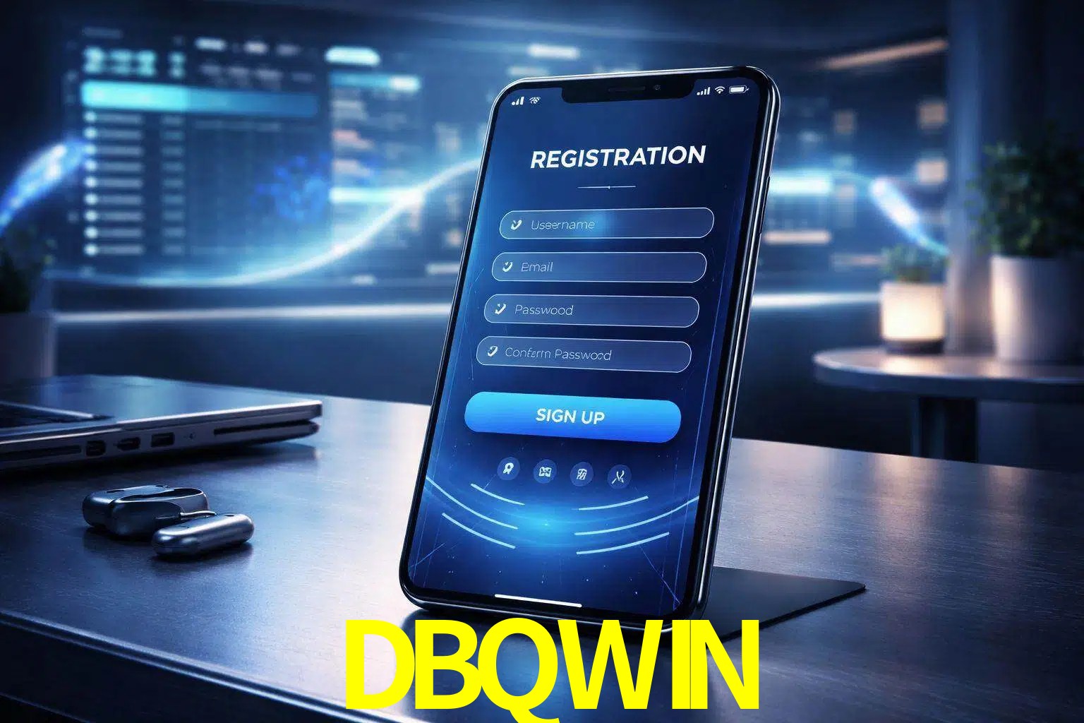 Una interfaz moderna de registro móvil para DBQWIN mostrada en un smartphone con un panel de apuestas elegante.